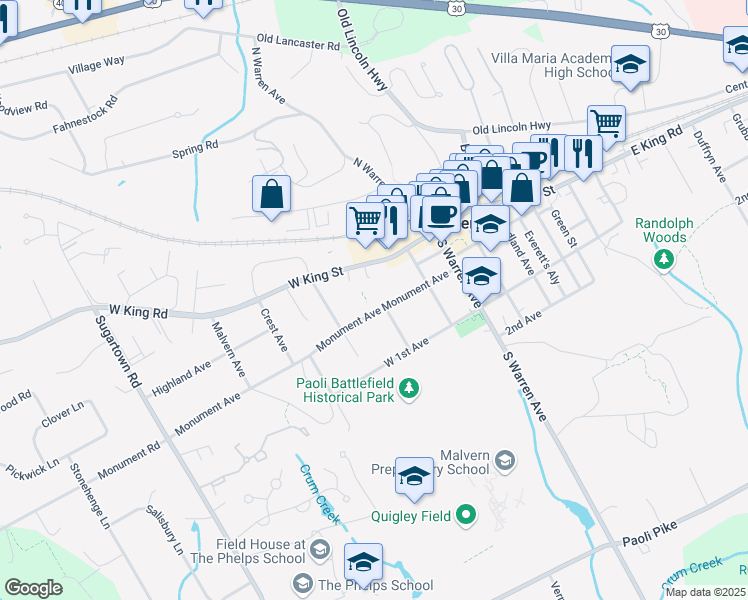 map of restaurants, bars, coffee shops, grocery stores, and more near 207 Monument Avenue in Malvern