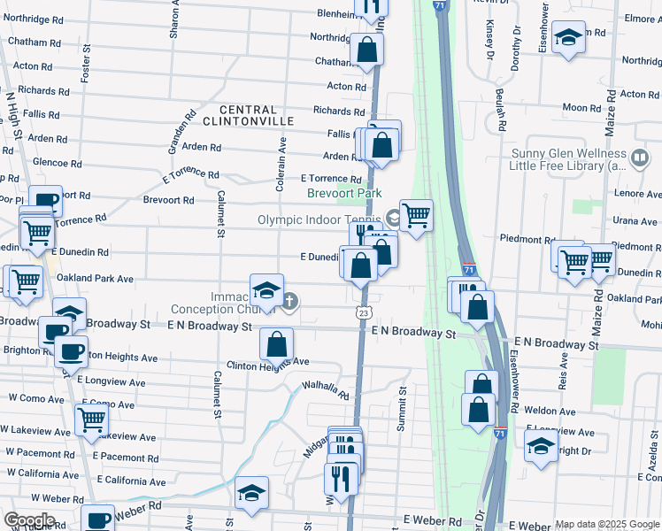 map of restaurants, bars, coffee shops, grocery stores, and more near 499 East Dunedin Road in Columbus