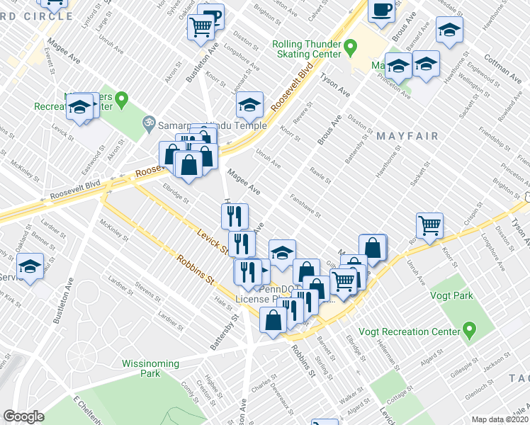 map of restaurants, bars, coffee shops, grocery stores, and more near 2849 Gilham Street in Philadelphia