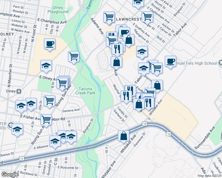 map of restaurants, bars, coffee shops, grocery stores, and more near 631 Garland Street in Philadelphia