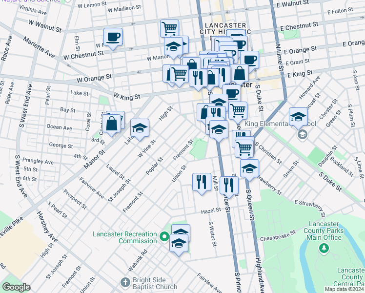 map of restaurants, bars, coffee shops, grocery stores, and more near 459 Fremont Street in Lancaster