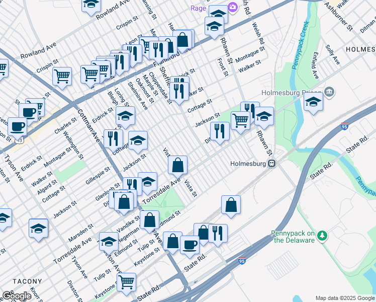 map of restaurants, bars, coffee shops, grocery stores, and more near 4557 Oakmont Street in Philadelphia