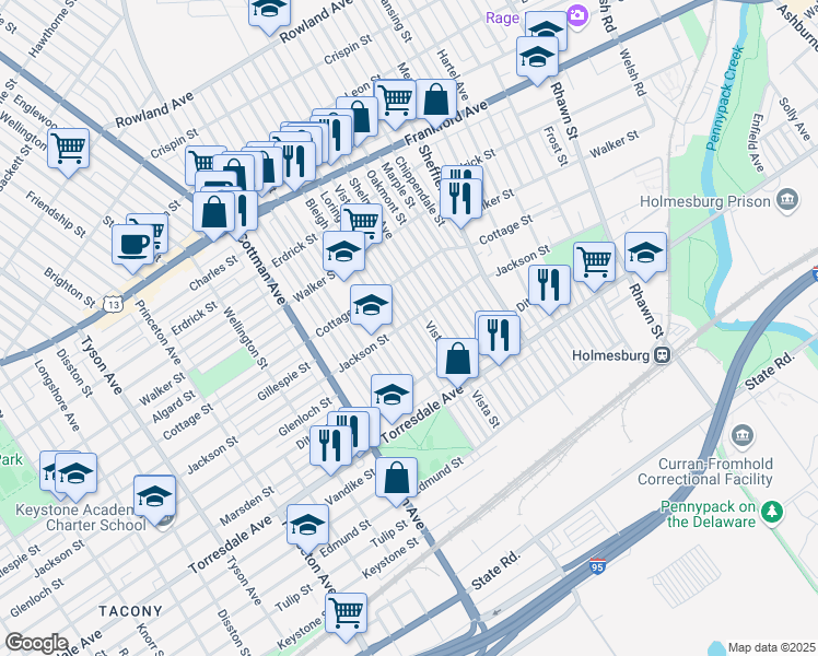map of restaurants, bars, coffee shops, grocery stores, and more near 4500 Loring Street in Philadelphia