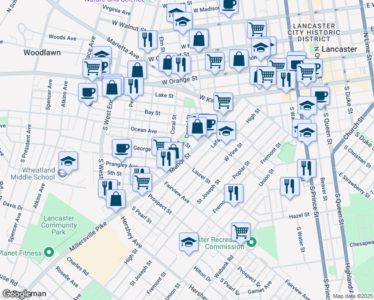 map of restaurants, bars, coffee shops, grocery stores, and more near 655 Manor St in Lancaster