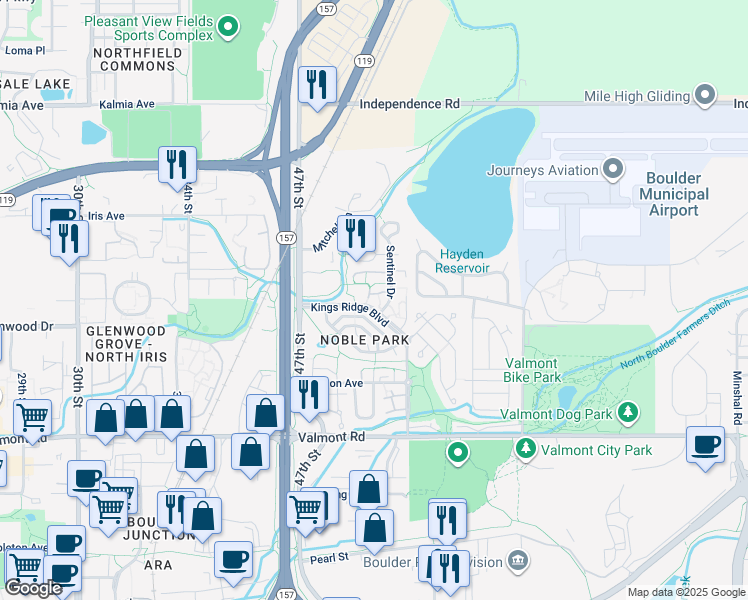 map of restaurants, bars, coffee shops, grocery stores, and more near 4810 Kings Ridge Boulevard in Boulder