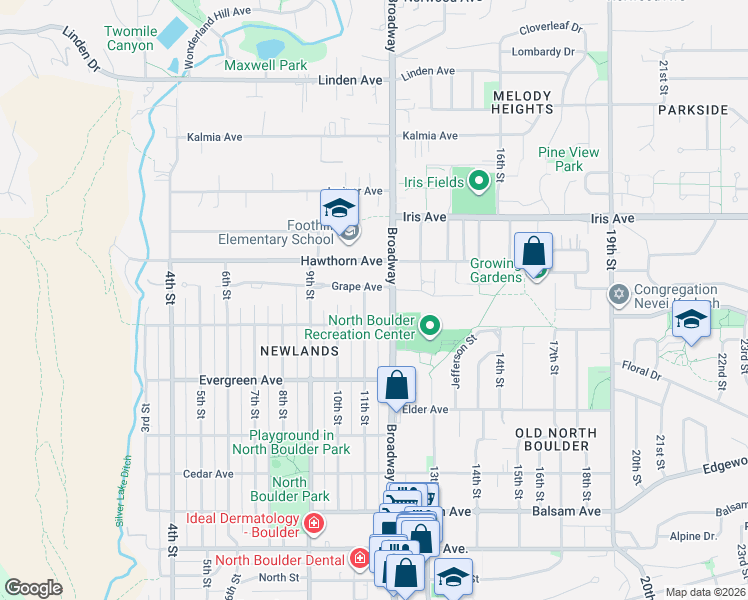 map of restaurants, bars, coffee shops, grocery stores, and more near 3237 11th Street in Boulder