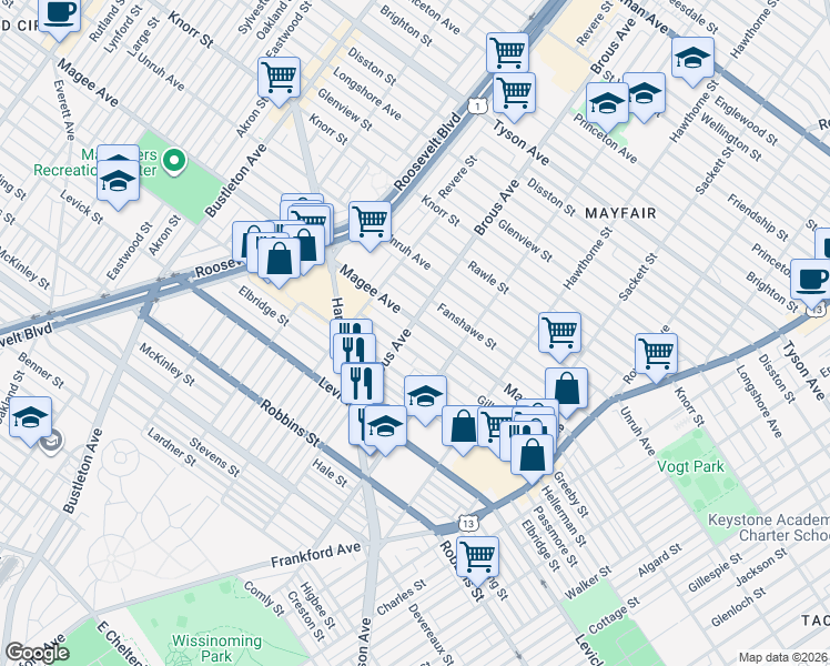 map of restaurants, bars, coffee shops, grocery stores, and more near 2849 Gilham Street in Philadelphia