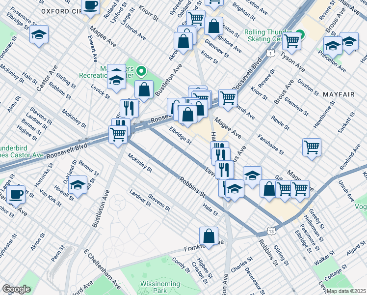 map of restaurants, bars, coffee shops, grocery stores, and more near 2687 Levick Street in Philadelphia