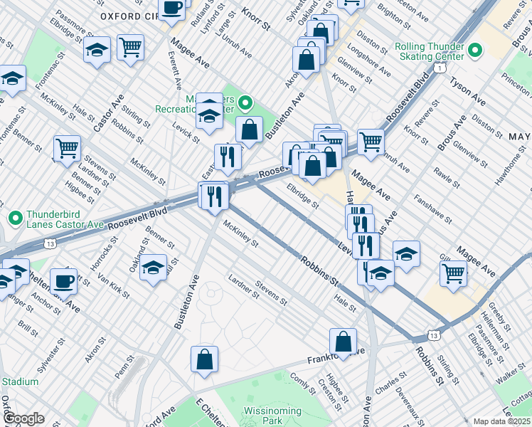 map of restaurants, bars, coffee shops, grocery stores, and more near 6316 Leonard Street in Philadelphia