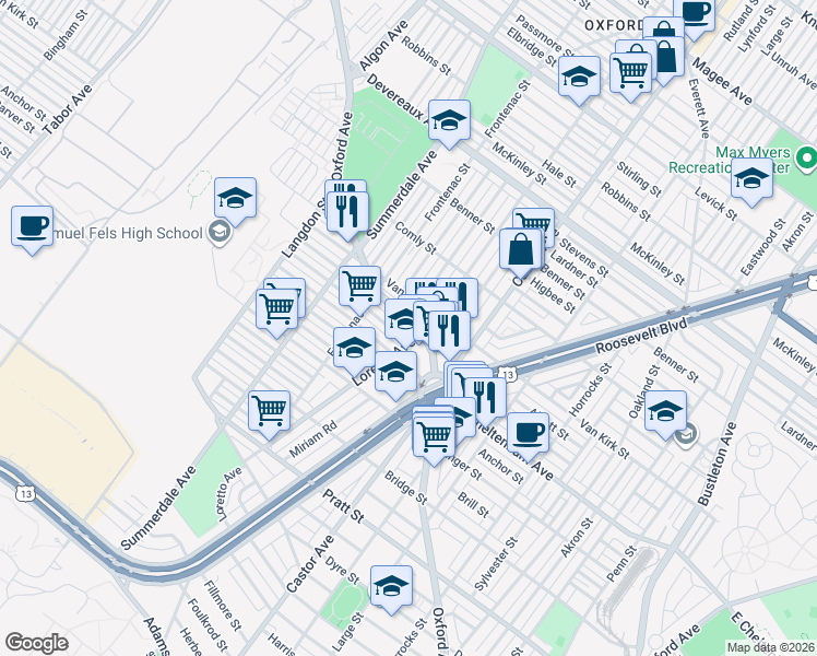 map of restaurants, bars, coffee shops, grocery stores, and more near 5800 Oxford Avenue in Philadelphia
