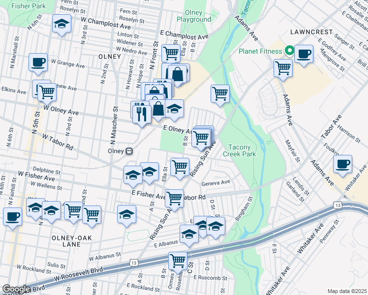 map of restaurants, bars, coffee shops, grocery stores, and more near 220 East Clarkson Avenue in Philadelphia