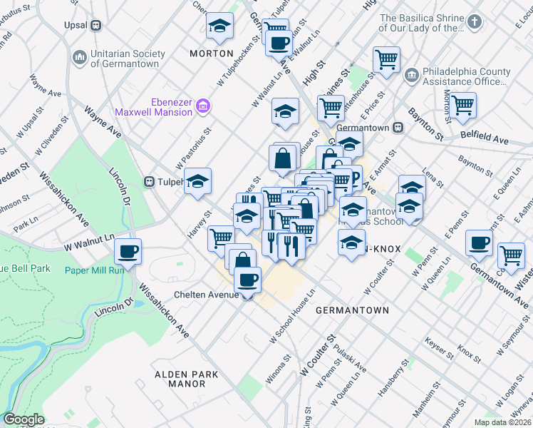 map of restaurants, bars, coffee shops, grocery stores, and more near 171 West Price Street in Philadelphia