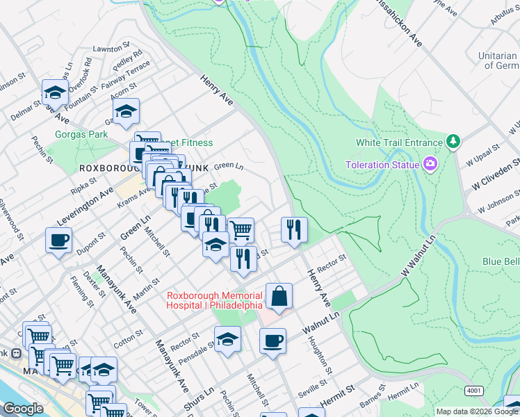 map of restaurants, bars, coffee shops, grocery stores, and more near 588 Monastery Avenue in Philadelphia