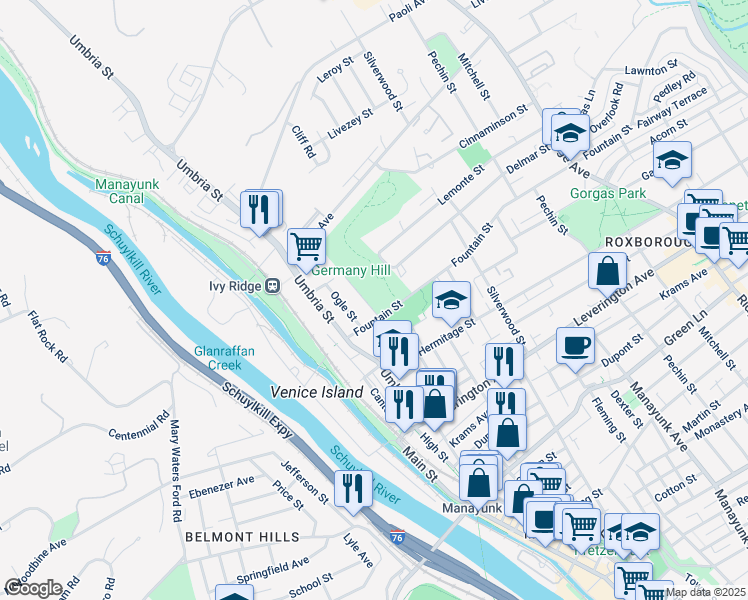 map of restaurants, bars, coffee shops, grocery stores, and more near 4815 Smick Street in Philadelphia