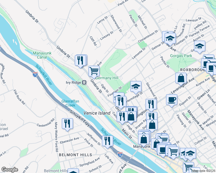 map of restaurants, bars, coffee shops, grocery stores, and more near 4833 Ogle Street in Philadelphia