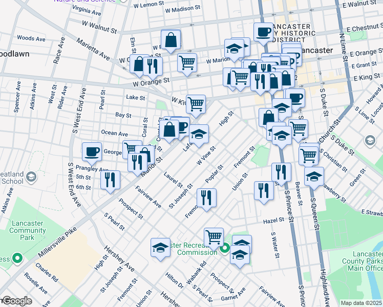 map of restaurants, bars, coffee shops, grocery stores, and more near 108 New Dorwart Street in Lancaster