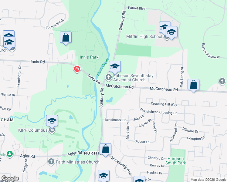map of restaurants, bars, coffee shops, grocery stores, and more near 2299 McCutcheon Road in Columbus
