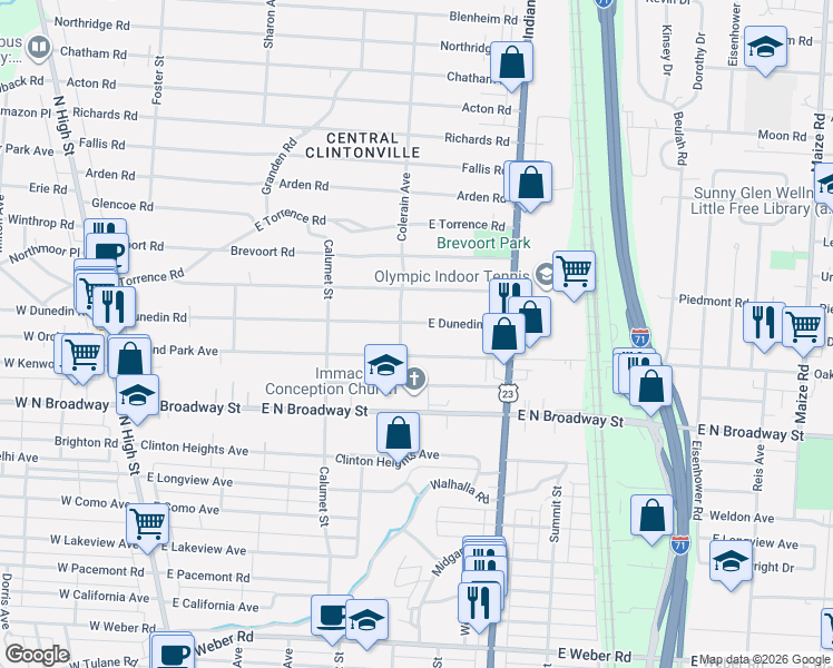 map of restaurants, bars, coffee shops, grocery stores, and more near 439 East Dunedin Road in Columbus