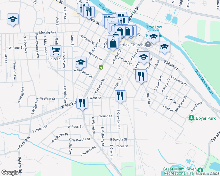 map of restaurants, bars, coffee shops, grocery stores, and more near 435 South Clay Street in Troy