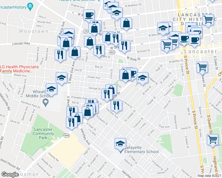 map of restaurants, bars, coffee shops, grocery stores, and more near 315 Coral Street in Lancaster