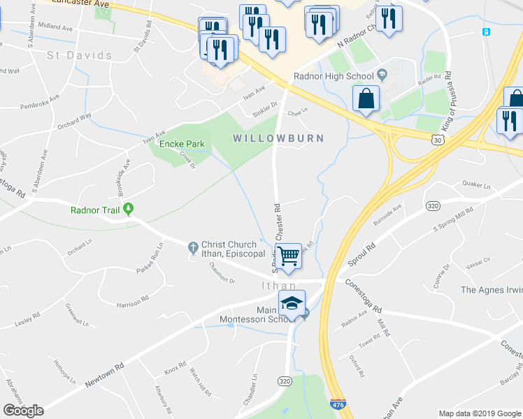 map of restaurants, bars, coffee shops, grocery stores, and more near 244 South Radnor Chester Road in Villanova