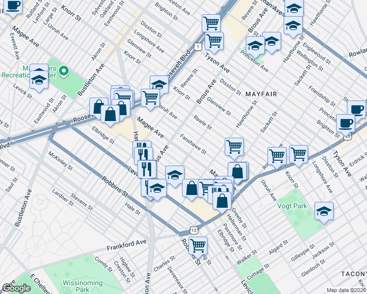 map of restaurants, bars, coffee shops, grocery stores, and more near 2930 Magee Avenue in Philadelphia