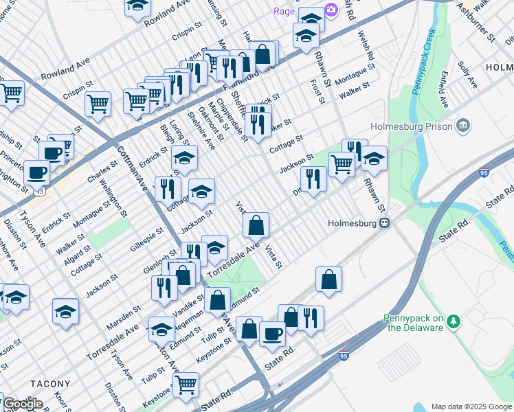 map of restaurants, bars, coffee shops, grocery stores, and more near 4539 Shelmire Avenue in Philadelphia