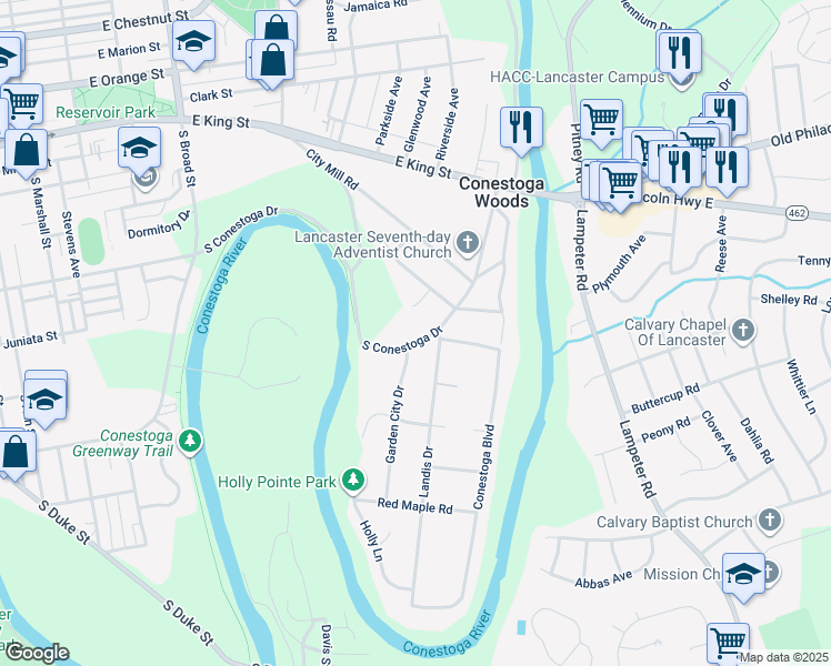 map of restaurants, bars, coffee shops, grocery stores, and more near 208 Conestoga Street in Lancaster