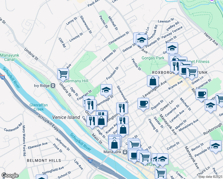 map of restaurants, bars, coffee shops, grocery stores, and more near 4711 Sheldon Street in Philadelphia
