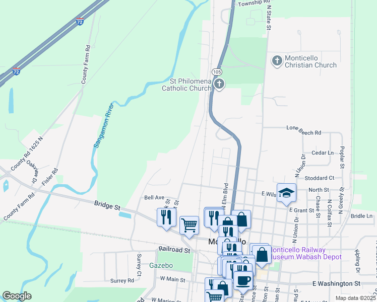 map of restaurants, bars, coffee shops, grocery stores, and more near 850 North Front Street in Monticello