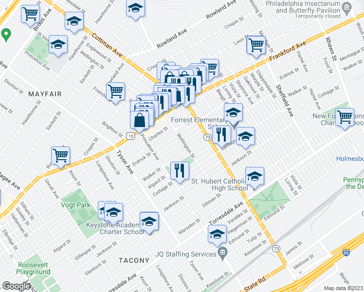 map of restaurants, bars, coffee shops, grocery stores, and more near 7185 Montague Street in Philadelphia