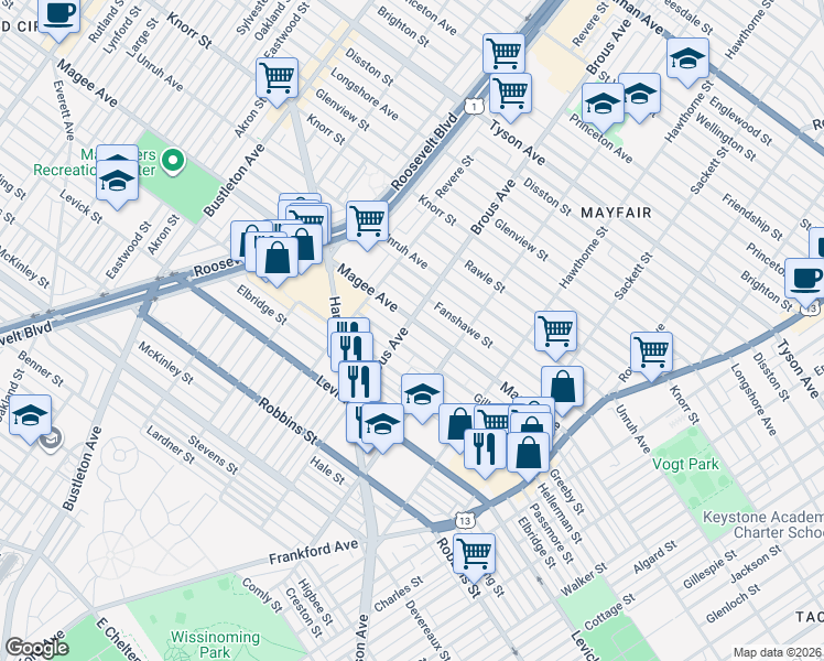 map of restaurants, bars, coffee shops, grocery stores, and more near 2849 Gilham Street in Philadelphia