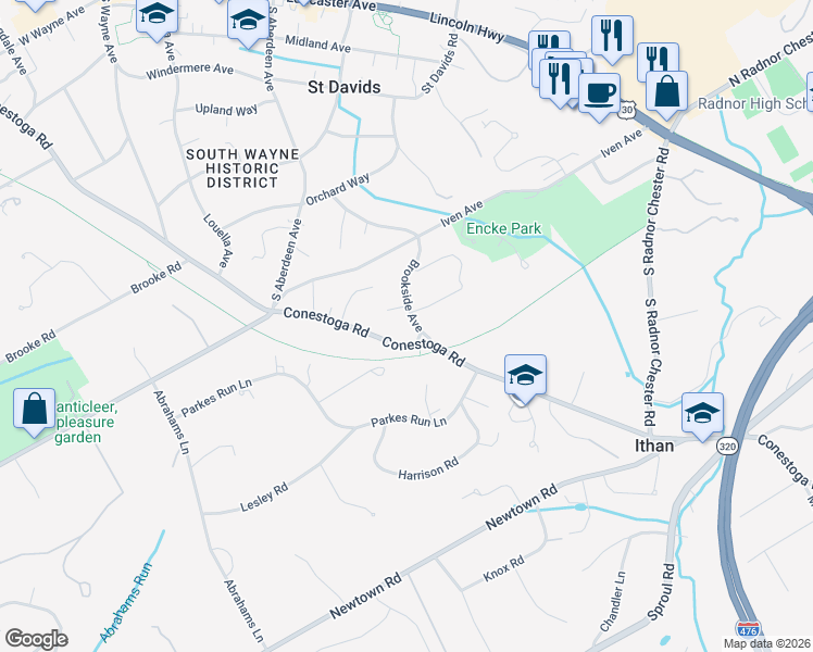 map of restaurants, bars, coffee shops, grocery stores, and more near 453 Conestoga Road in Wayne
