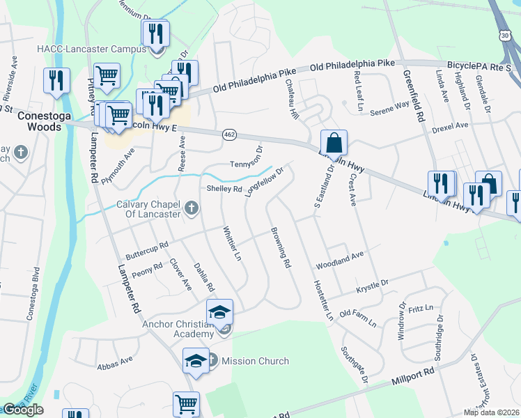 map of restaurants, bars, coffee shops, grocery stores, and more near 110 Browning Road in Lancaster