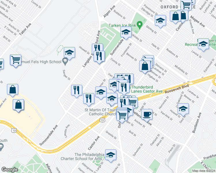 map of restaurants, bars, coffee shops, grocery stores, and more near 1230 E Alcott Street in Philadelphia
