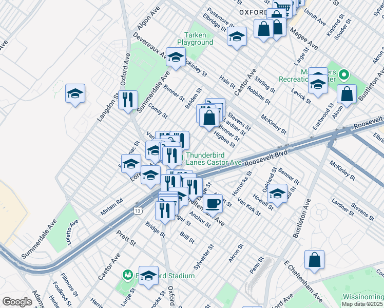 map of restaurants, bars, coffee shops, grocery stores, and more near Castor Avenue in Philadelphia