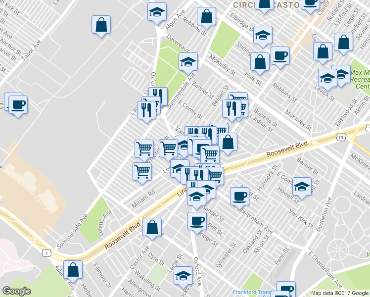 map of restaurants, bars, coffee shops, grocery stores, and more near 5816 Oxford Avenue in Philadelphia