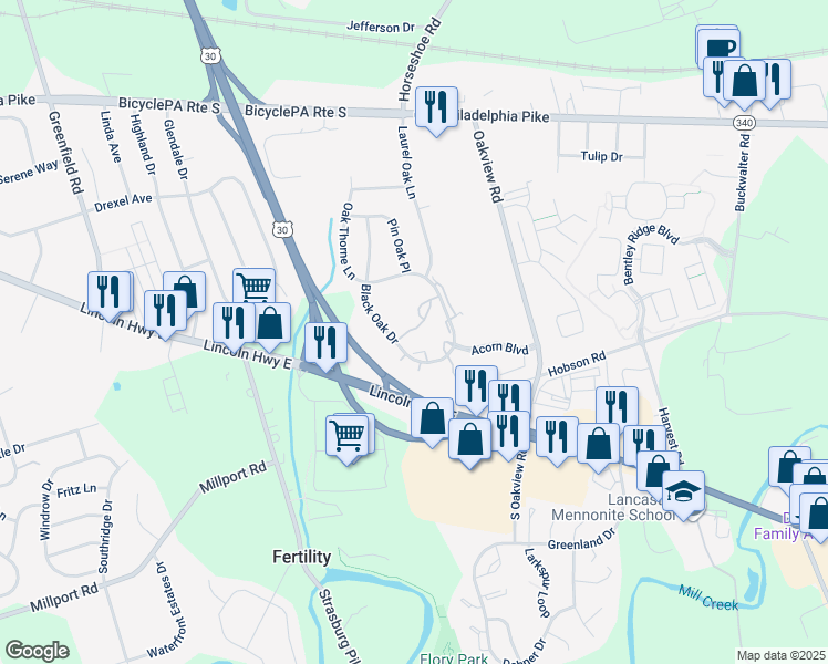 map of restaurants, bars, coffee shops, grocery stores, and more near 90 Black Oak Drive in Lancaster