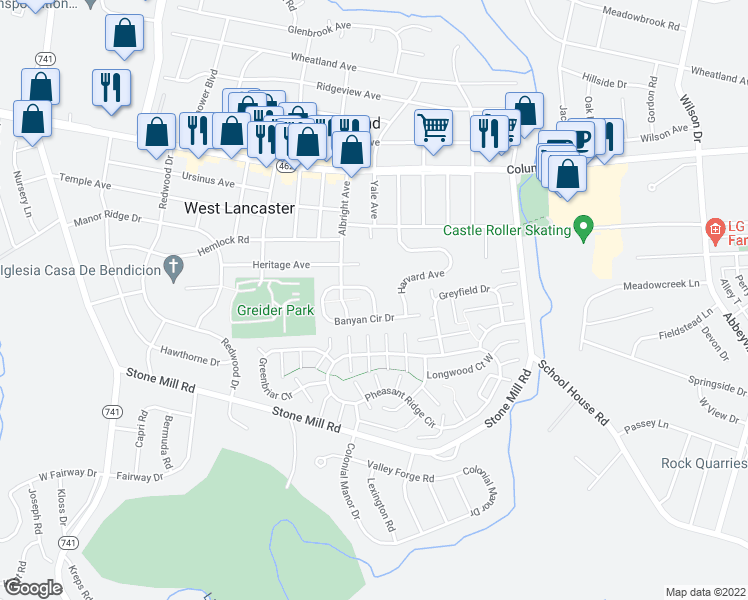 map of restaurants, bars, coffee shops, grocery stores, and more near 467 Banyan Circle Drive in Lancaster