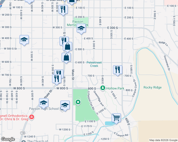 map of restaurants, bars, coffee shops, grocery stores, and more near 229 East 670 South in Payson
