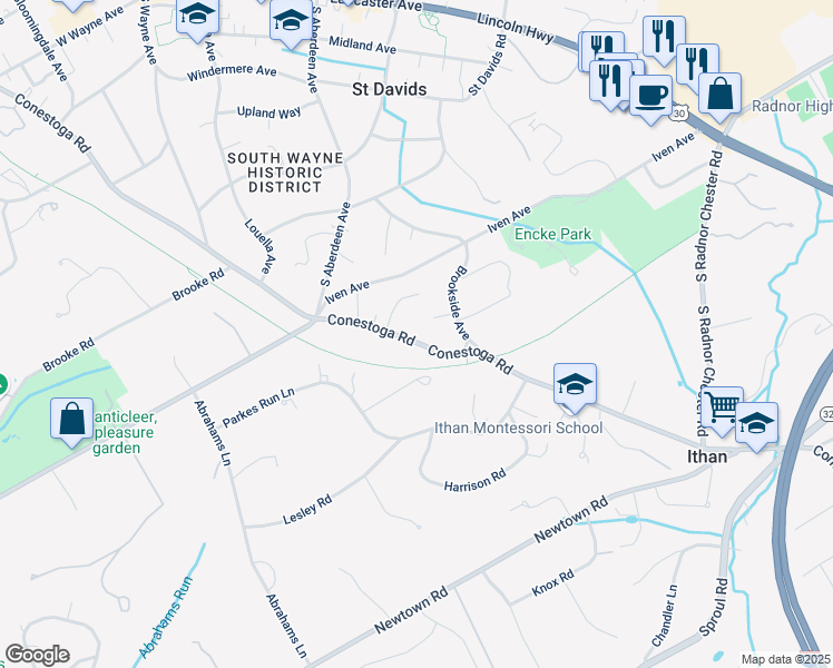 map of restaurants, bars, coffee shops, grocery stores, and more near 441 Conestoga Road in Wayne