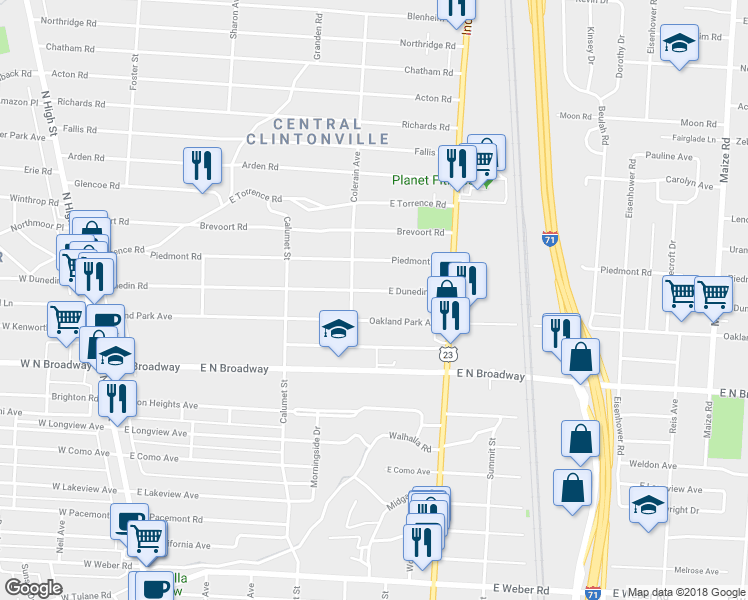 map of restaurants, bars, coffee shops, grocery stores, and more near 439 East Dunedin Road in Columbus