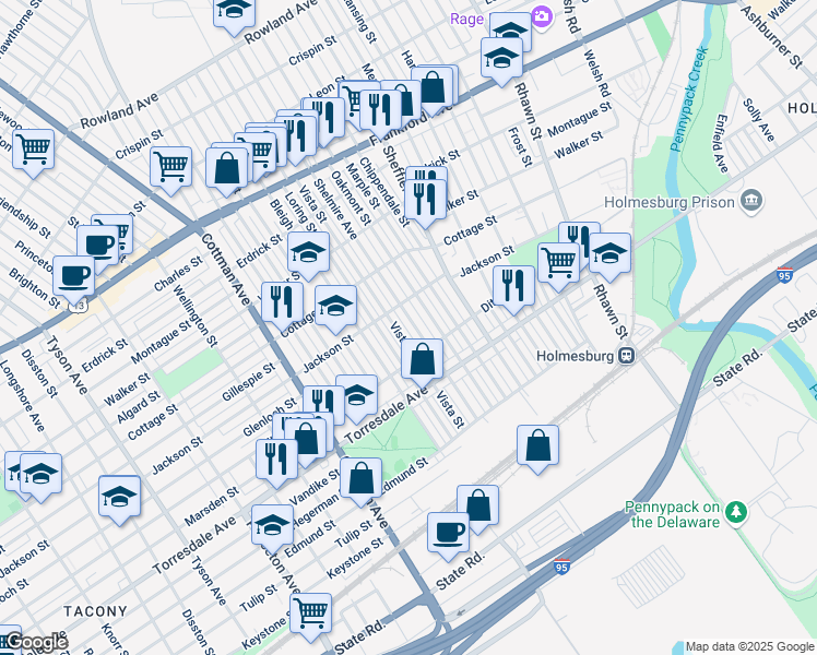 map of restaurants, bars, coffee shops, grocery stores, and more near 4526 Shelmire Ave in Philadelphia