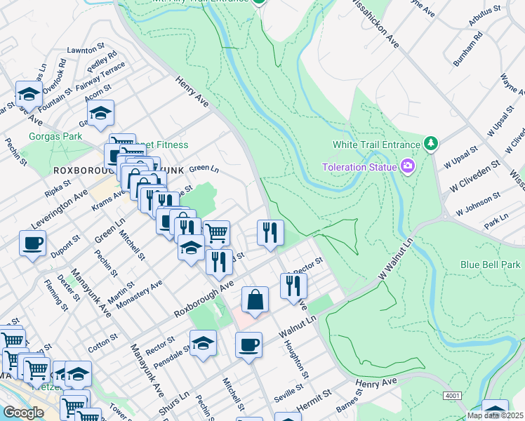 map of restaurants, bars, coffee shops, grocery stores, and more near 5994 Henry Avenue in Philadelphia