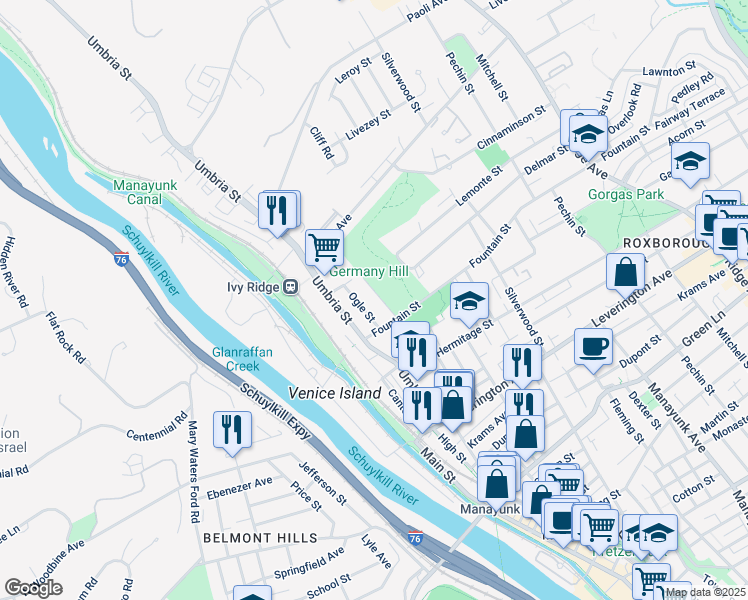map of restaurants, bars, coffee shops, grocery stores, and more near 4846 Smick Street in Philadelphia