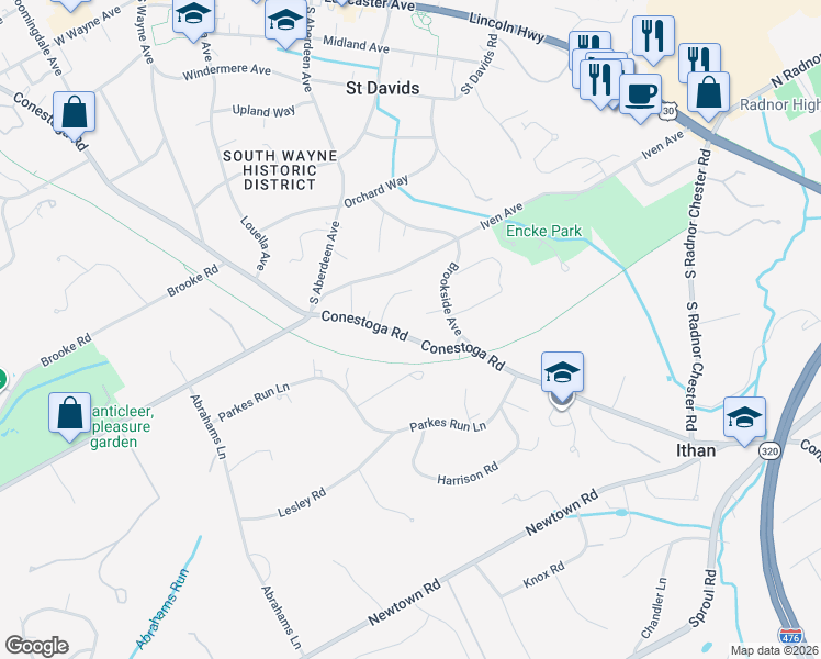 map of restaurants, bars, coffee shops, grocery stores, and more near 438 Conestoga Road in Wayne