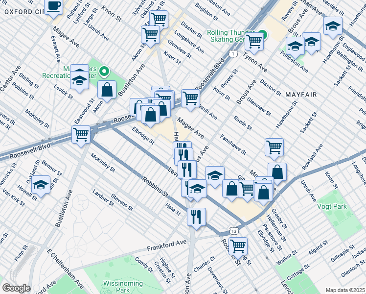 map of restaurants, bars, coffee shops, grocery stores, and more near 2803 Hellerman Street in Philadelphia
