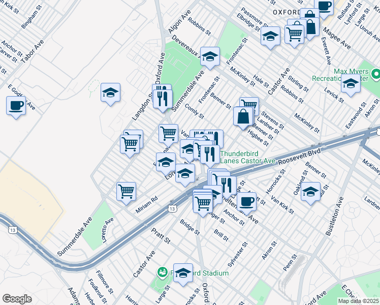 map of restaurants, bars, coffee shops, grocery stores, and more near 5816 Oxford Avenue in Philadelphia