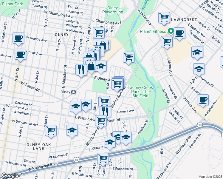 map of restaurants, bars, coffee shops, grocery stores, and more near 318 East Gale Street in Philadelphia