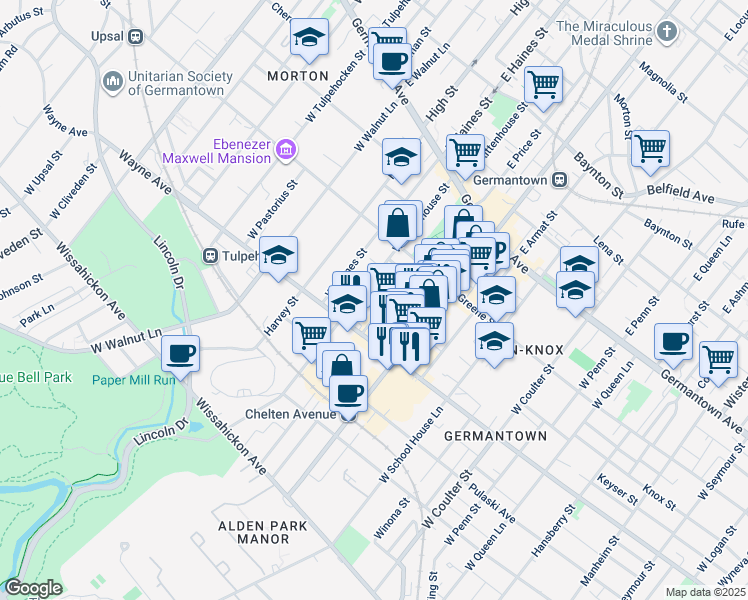map of restaurants, bars, coffee shops, grocery stores, and more near 5816 Knox Street in Philadelphia